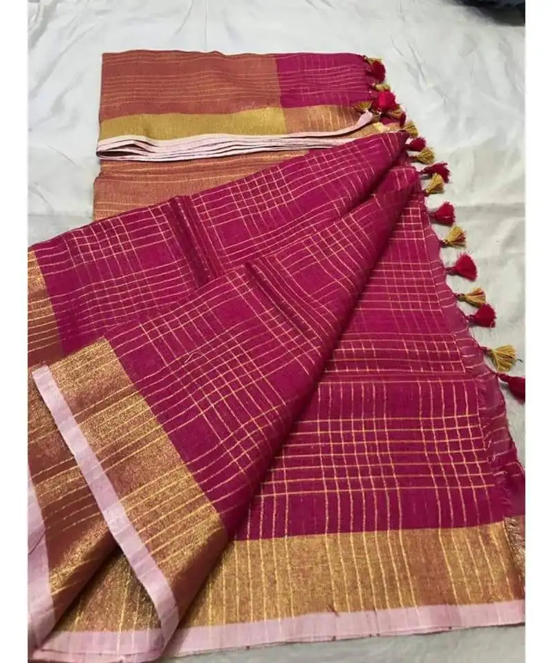 Pink woven linen handloom saree with blouses