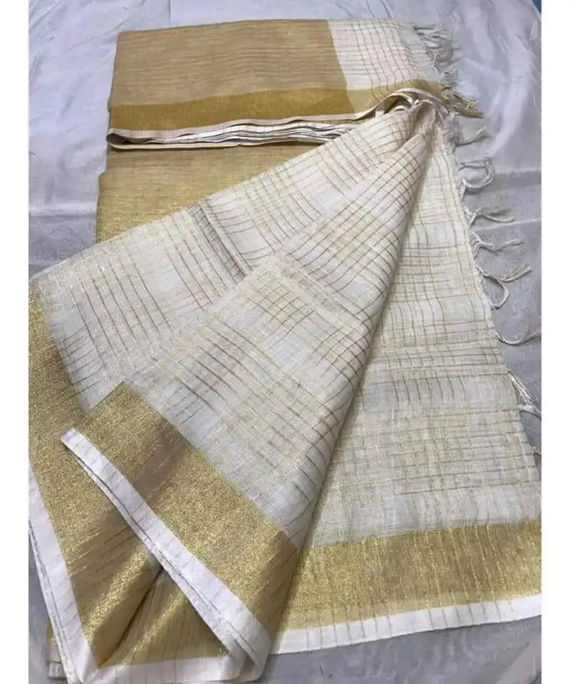 White woven linen handloom saree with blouses