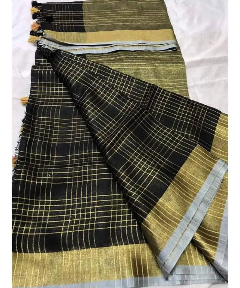 Black woven linen handloom saree with blouses
