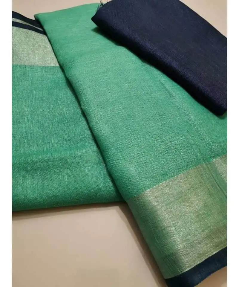 Green woven linen saree with blouse