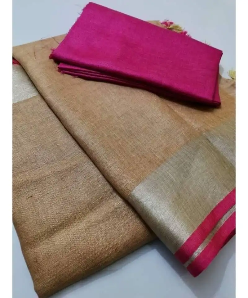 Beige woven linen saree with blouse