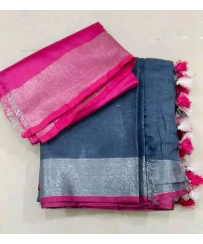 Dark grey woven linen saree with blouse