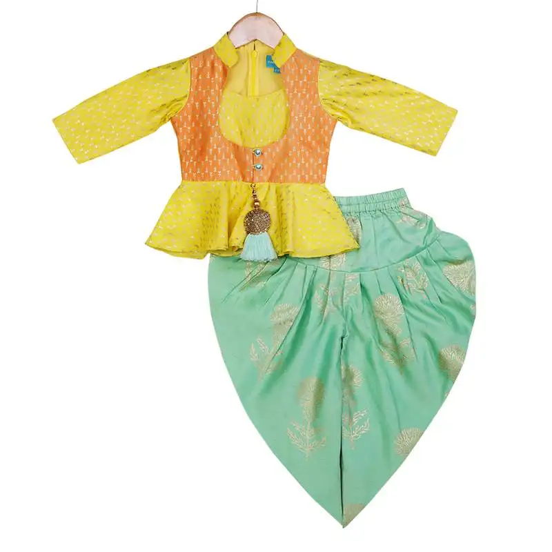 Yellow, orange, sea green peplum top with dhoti