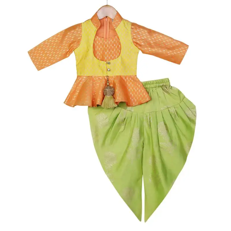 Orange, yellow, light green peplum top with dhoti
