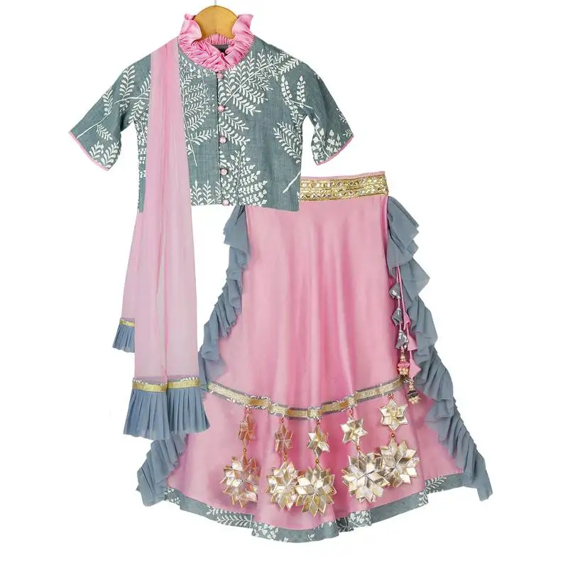 Grey & pink chanderi lehenga with printed top