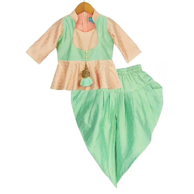 Peplum top with dhoti - peach & mint
