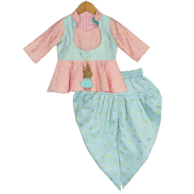 Peplum top with dhoti - pink & blue