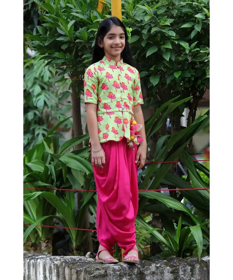 Tulip-print band-gala peplum top with dhoti - light green & fuchsia pink