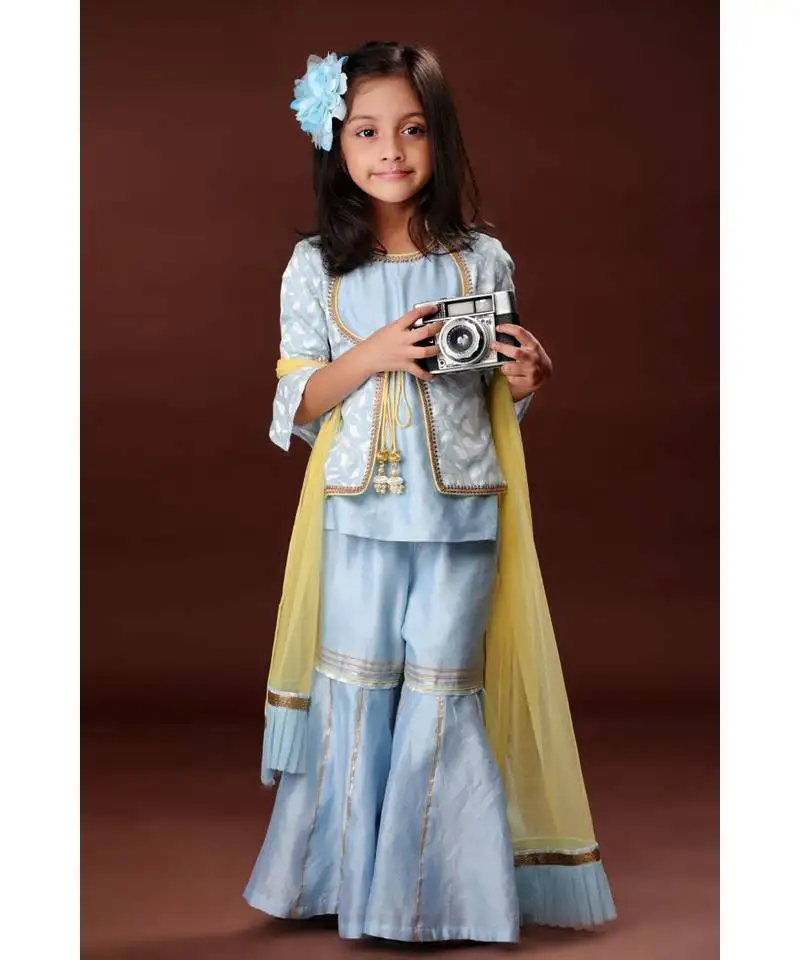 Elegant sharara with attached jacket top - hue of blue