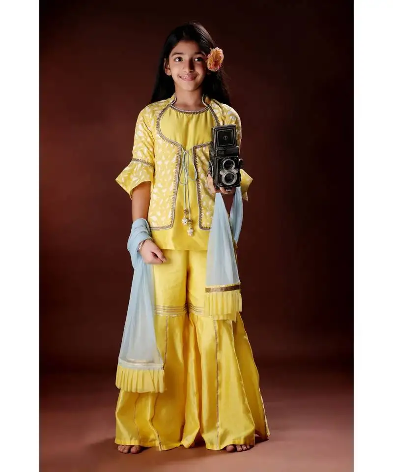 Elegant sharara with attached jacket top - yellow