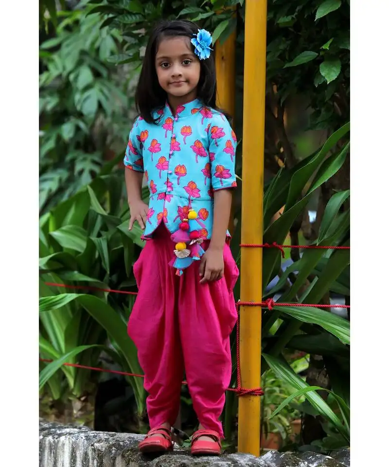 Tulip-print band-gala peplum top with dhoti - blue & fuchsia pink