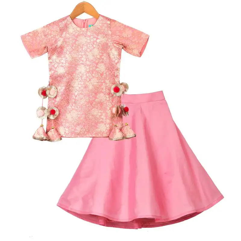 Pink pink brocade kurti with taffeta lehenga