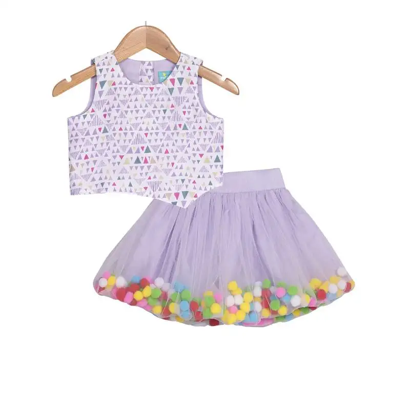 Lavender pompom skirt with asymmetric crop top