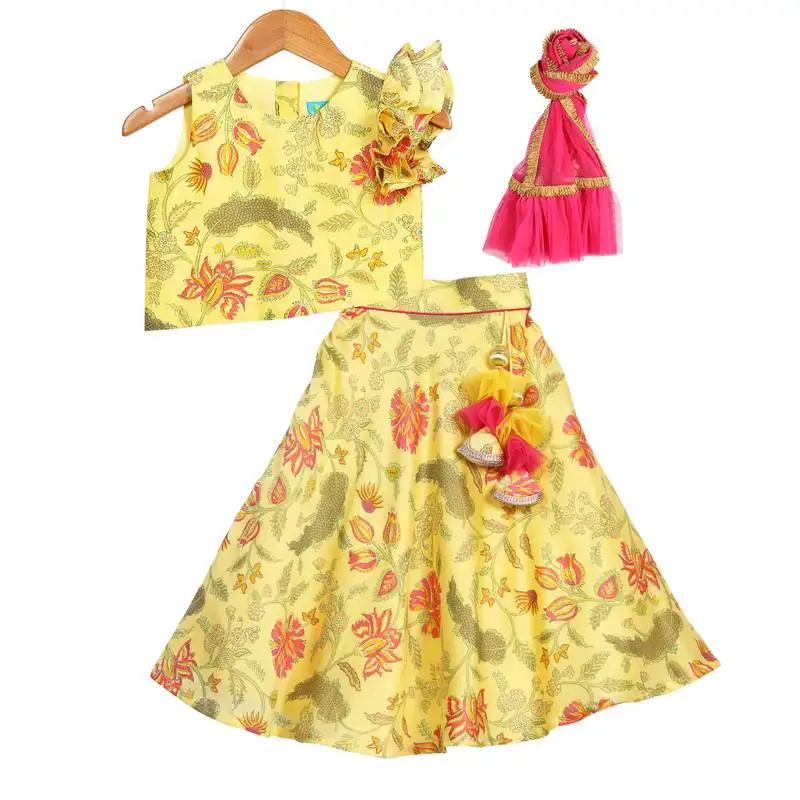 Yellow printed chanderi lehenga with asymmetric top
