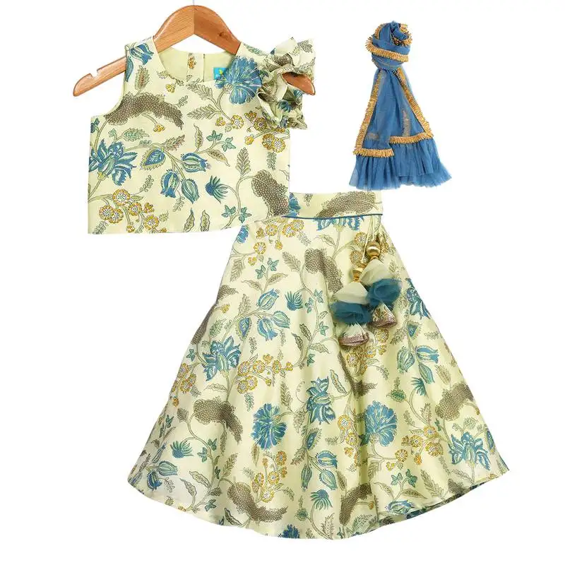 Turquoise blue printed chanderi lehenga with asymmetric top