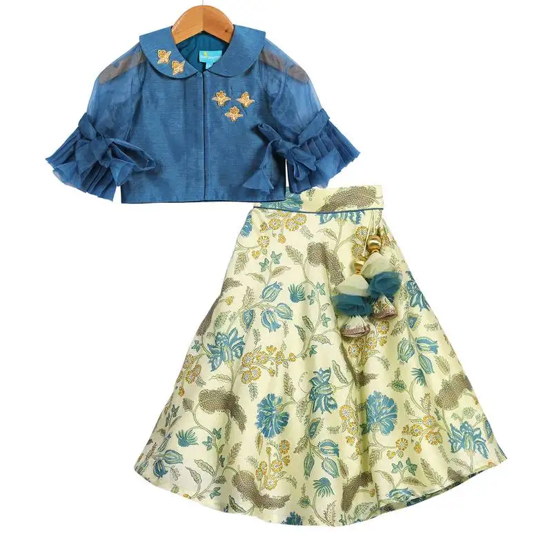 Turquoise blue printed chanderi lehenga with peter pan collar crop top