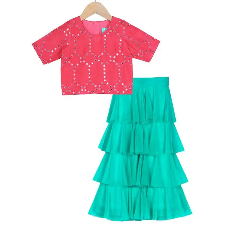 Turquoise & red tiered frill pants with embroidered crop top