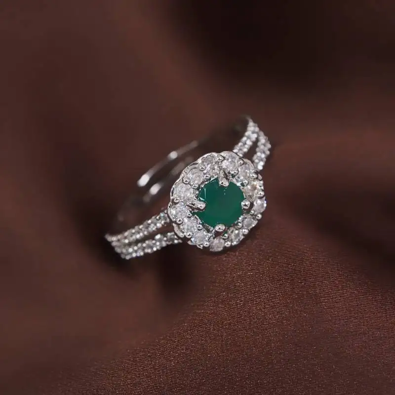 Valentine's silver plated elegant emerald stone studded cz american diamond adjustable finger ring