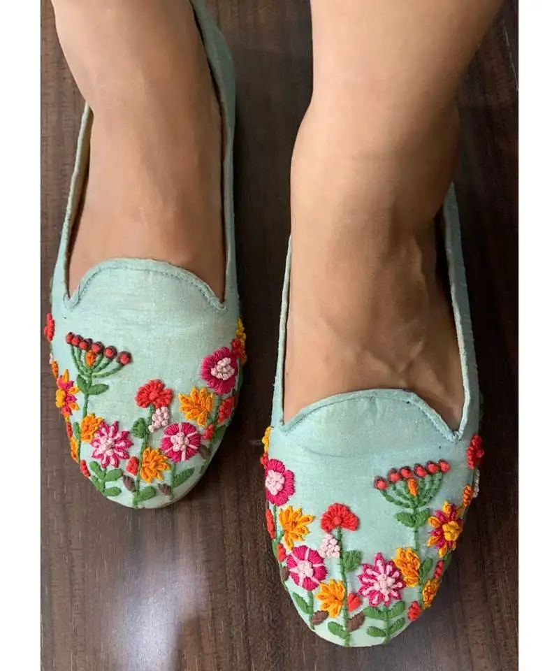 Sky blue,hand embroidered,silk, moccasins