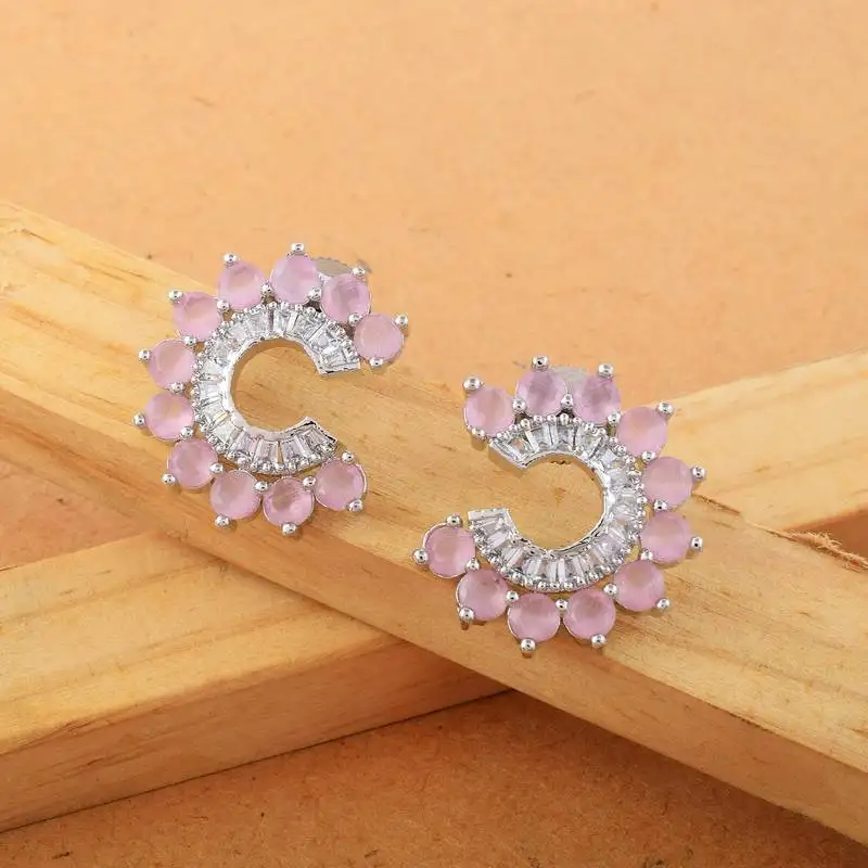 Pink color american diamond earrings