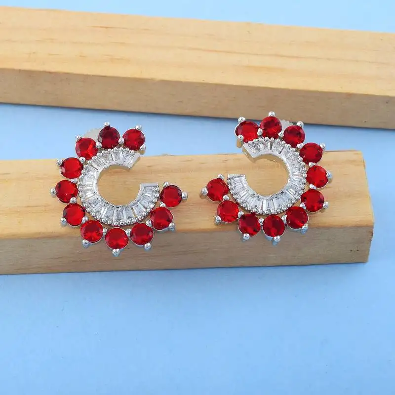 Red color american diamond earrings