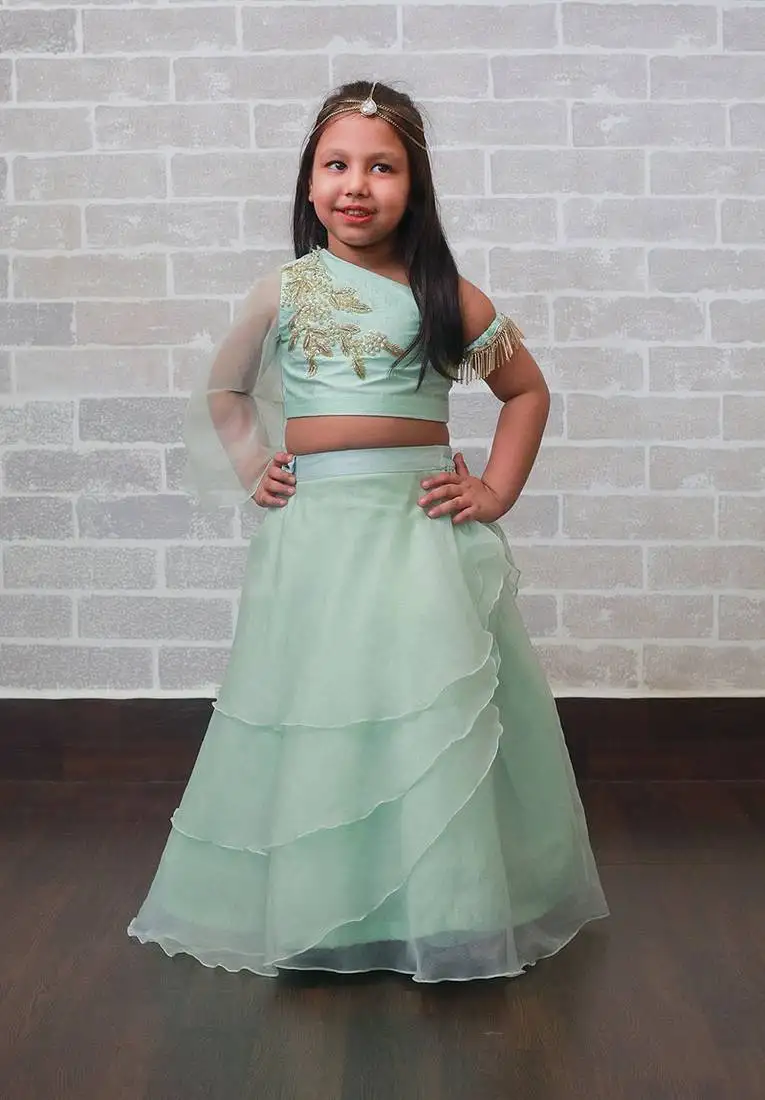 One shoulder aqua lehnga