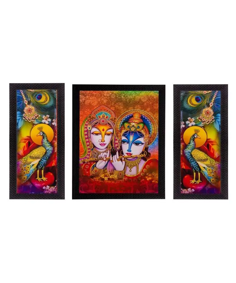 Set of 3 radha krishna & peocock matt textured uv art painting