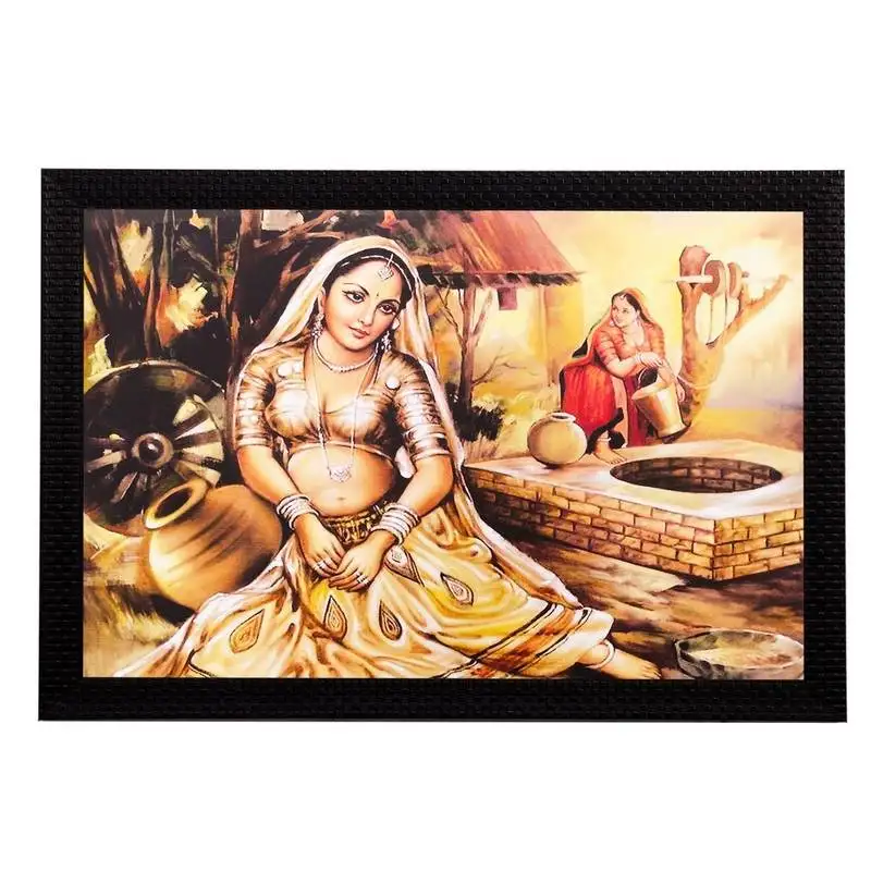 Village women near well matt textured uv art painting