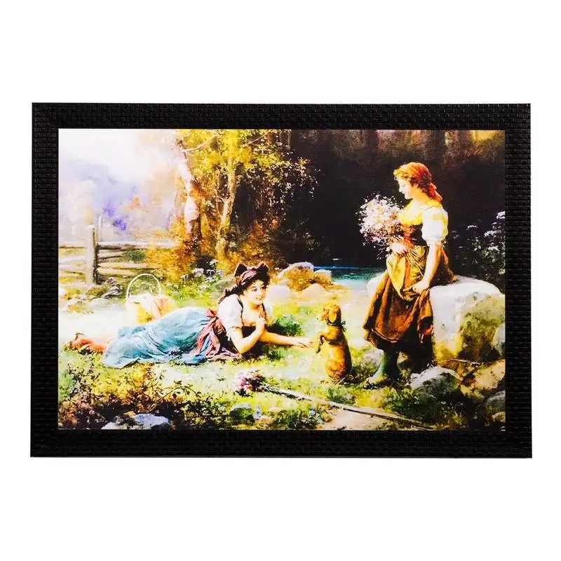 Girls playing in garden view matt textured uv art painting