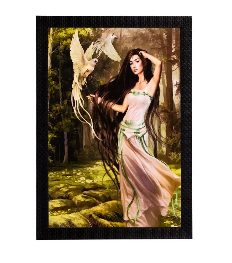 Woman & bird satin matt texture uv art painting