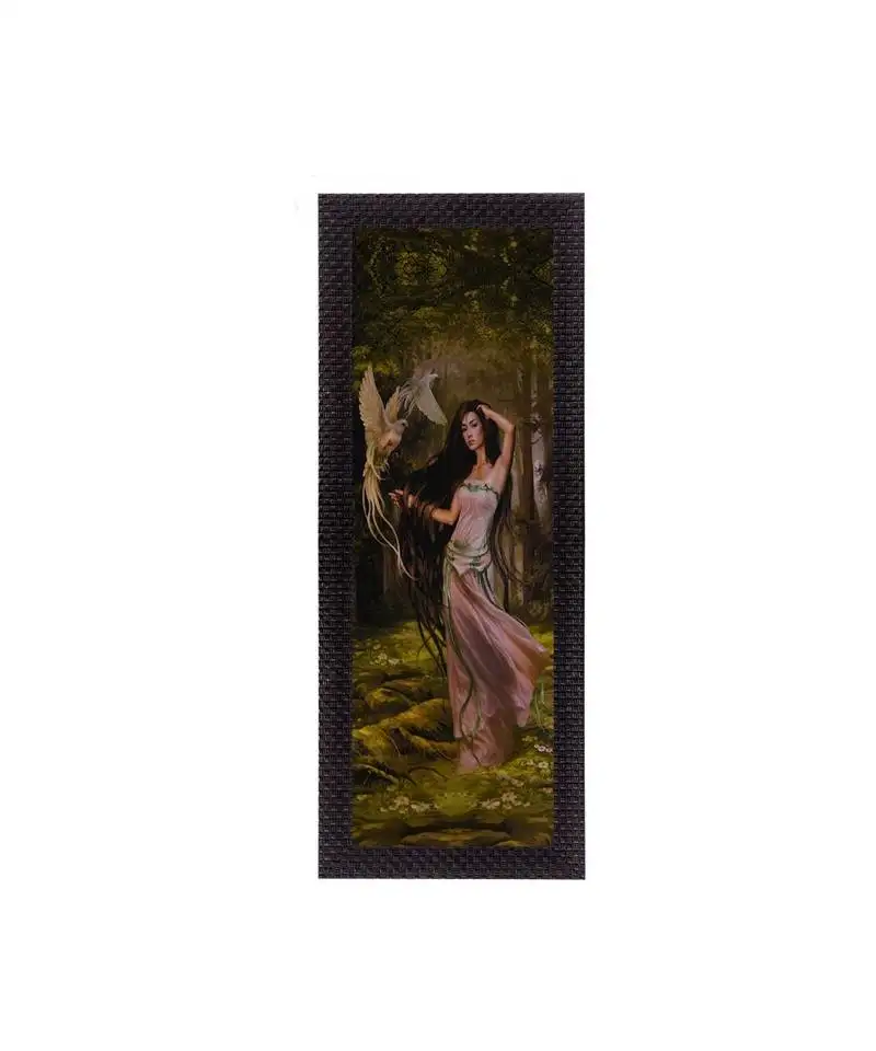 Beautiful woman with bird satin matt texture uv art painting