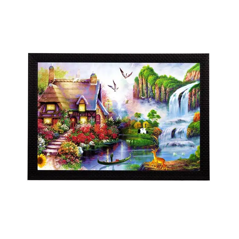 Village scenic view and waterfall satin matt texture uv art painting