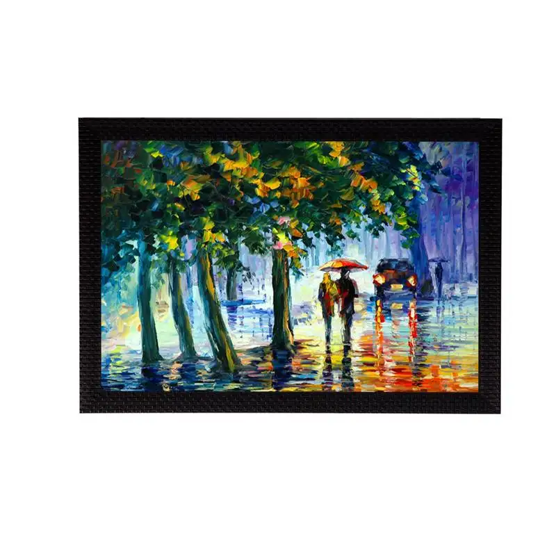 Loving couple under umbrella in rain satin matt texture uv art painting
