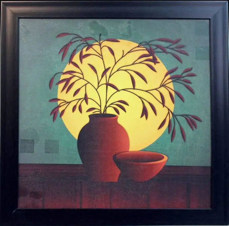 Abstract pot and leaves theme satin matt texture uv art painting