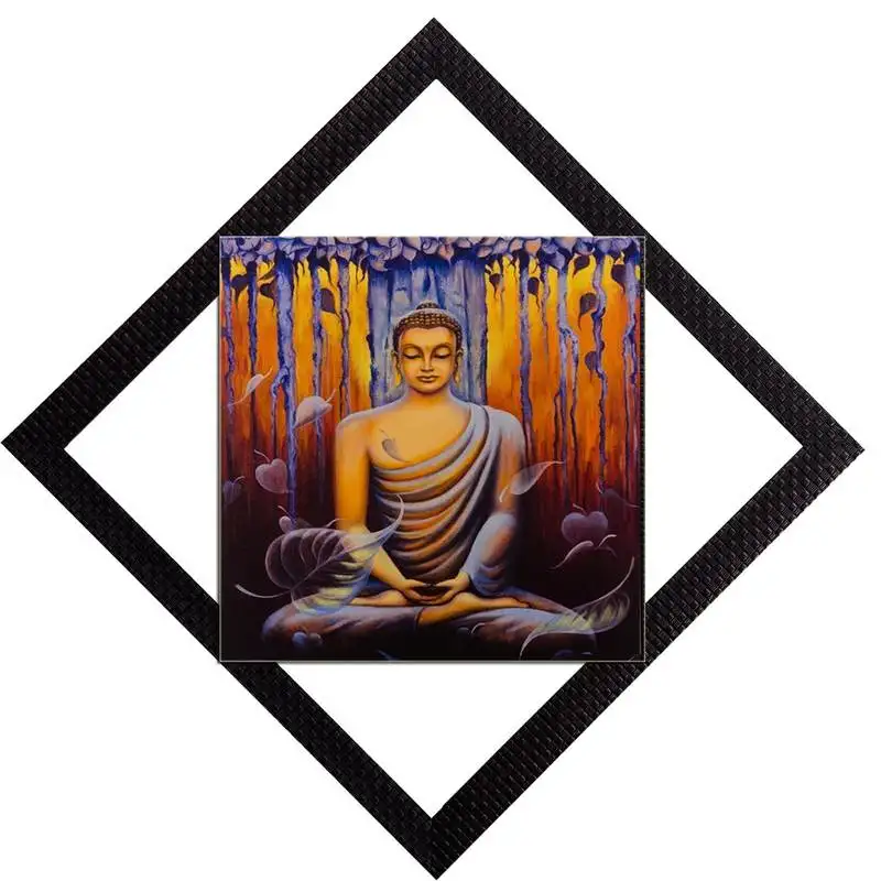 Meditating lord buddha in yellow satin matt texture uv art painting