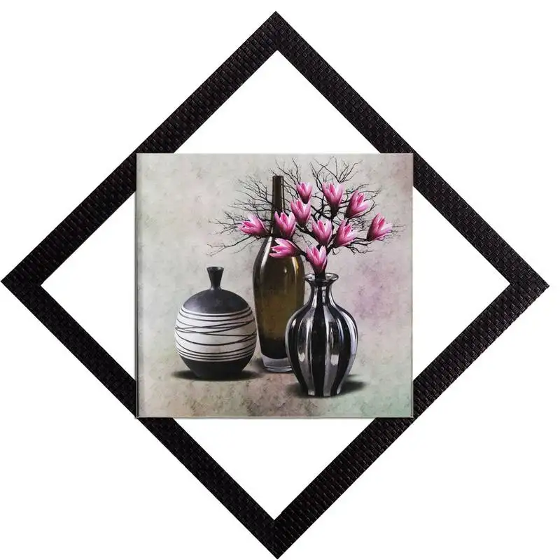 Black vases with flowers satin matt texture uv art painting