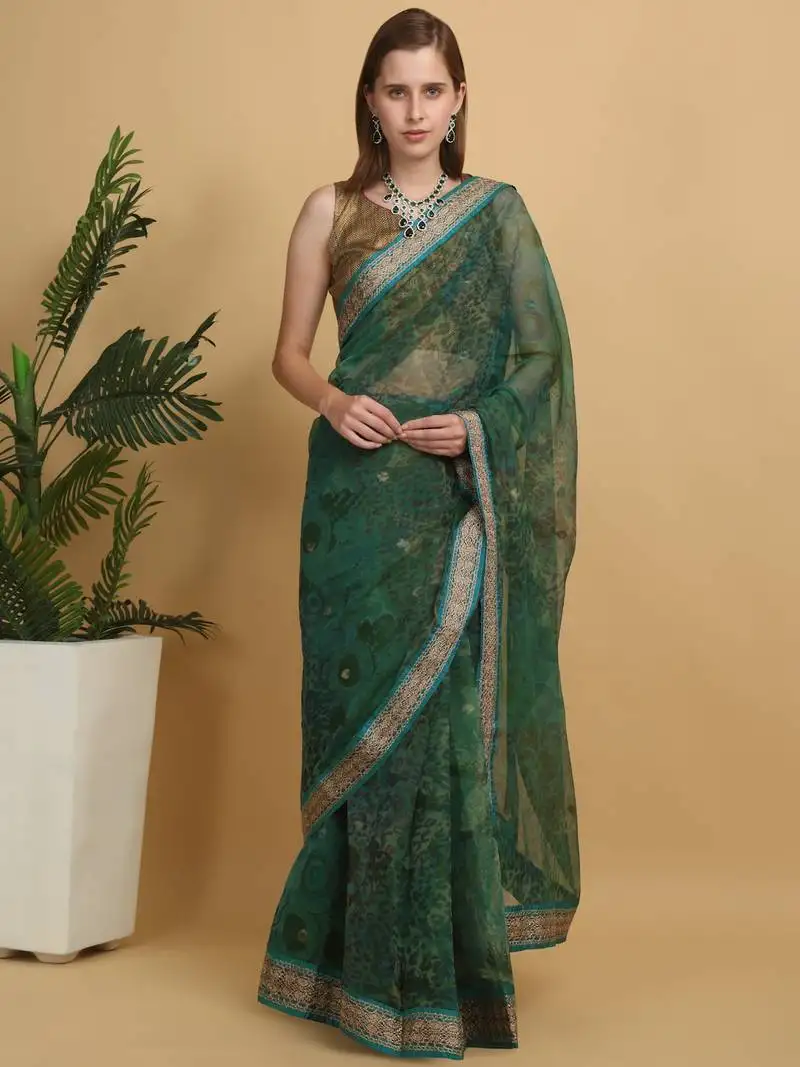 Green printed benarsi net saree with blouse pc