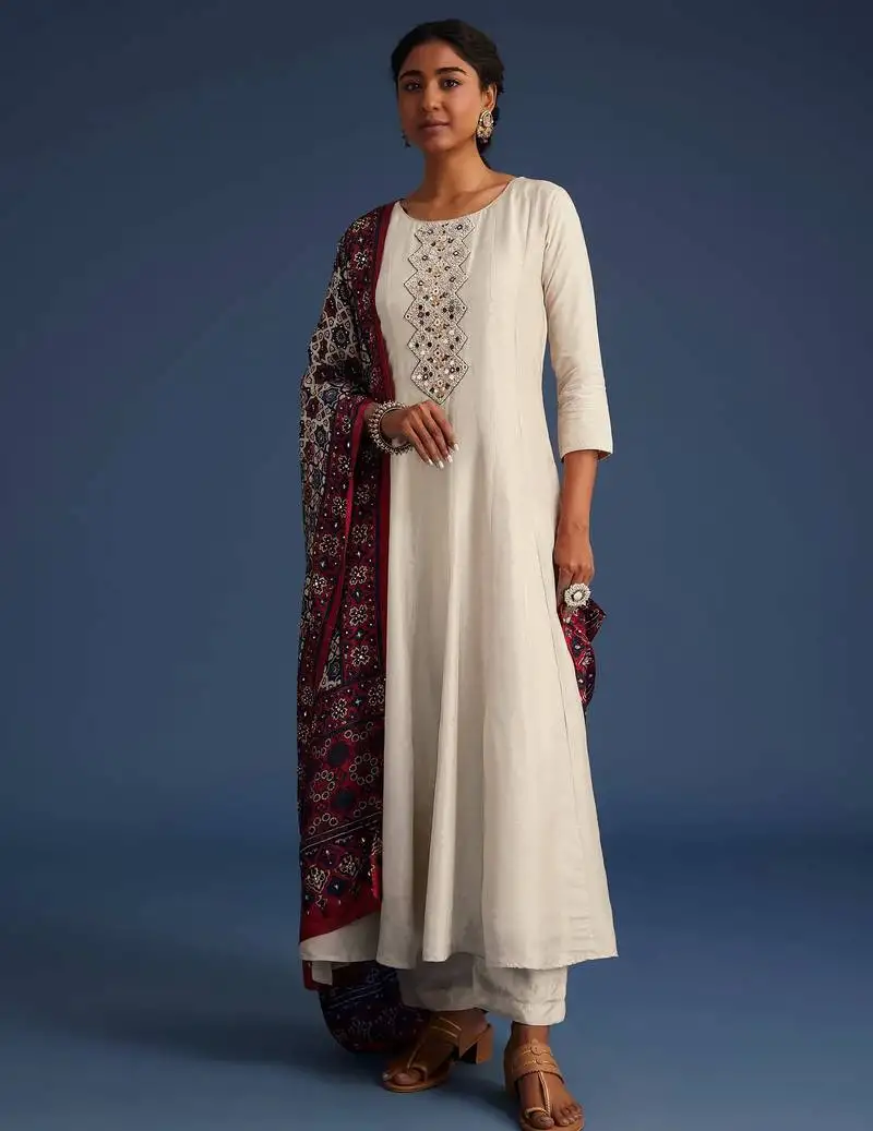 Art silk hand work embroidery anarkali kurta pant with printed dupatta set stitched