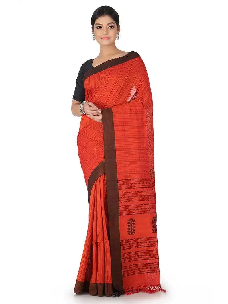 Orange handwoven cotton jamdani with blouse