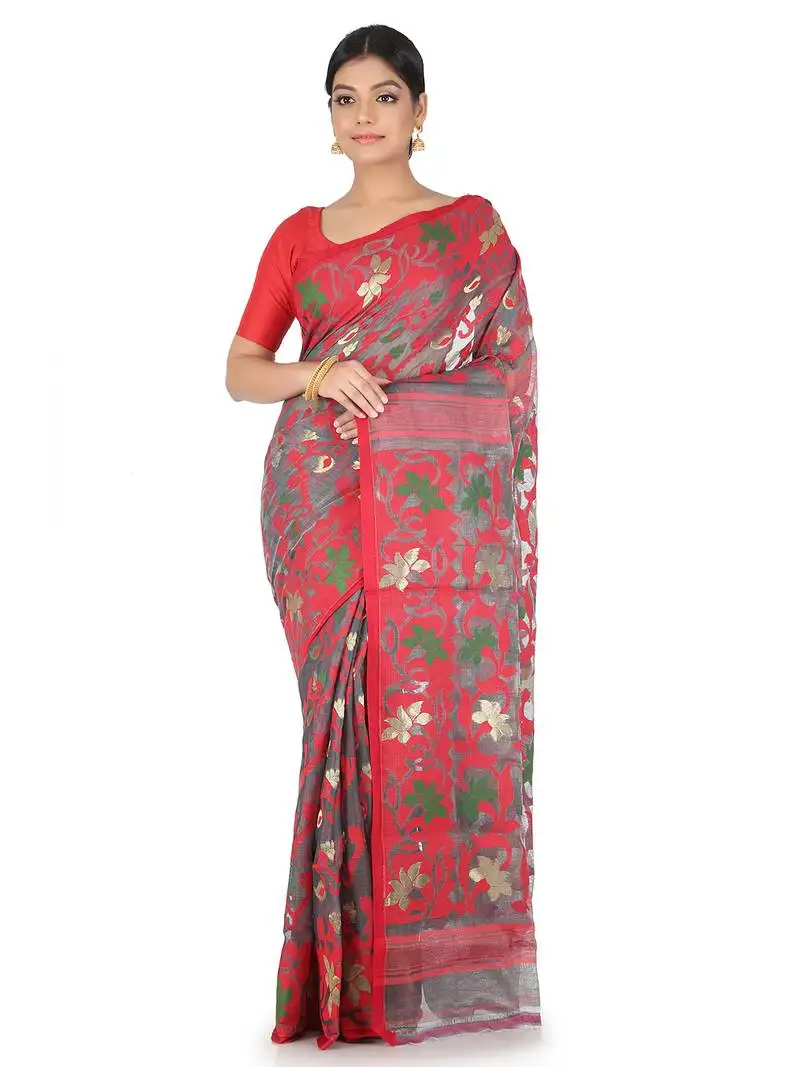 Grey handwoven cotton jamdani without blouse