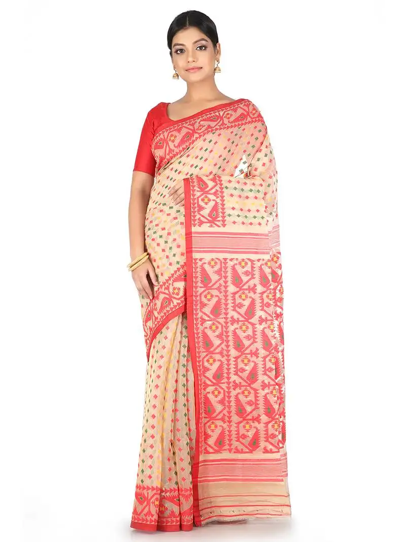 Beige handwoven cotton jamdani without blouse