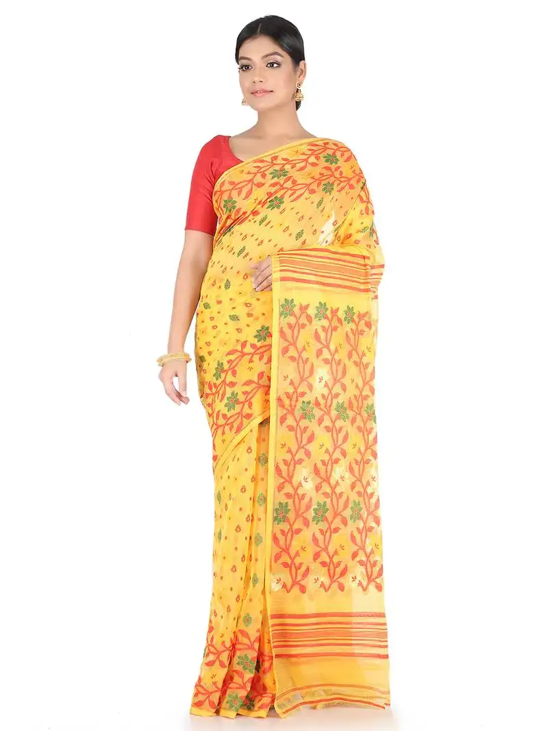 Yellow handwoven cotton jamdani without blouse