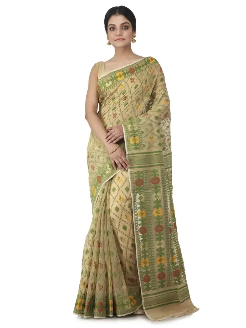 Beige hand woven cotton jamdani sarees without blouse