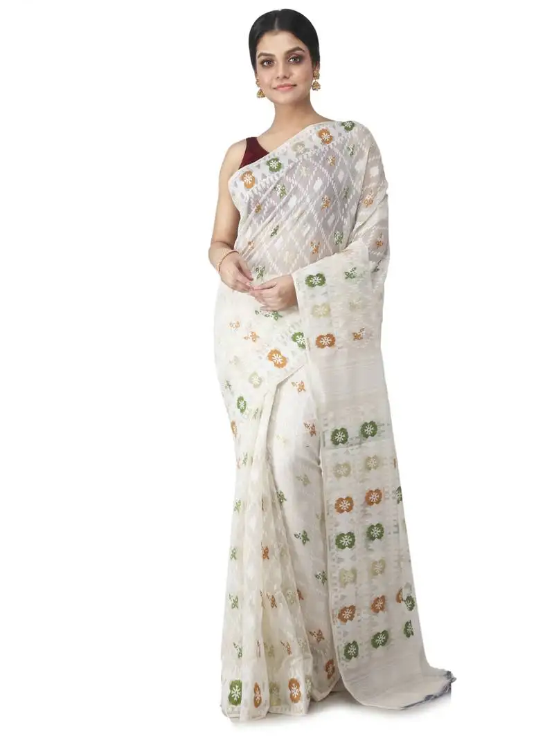 White hand woven cotton jamdani sarees without blouse