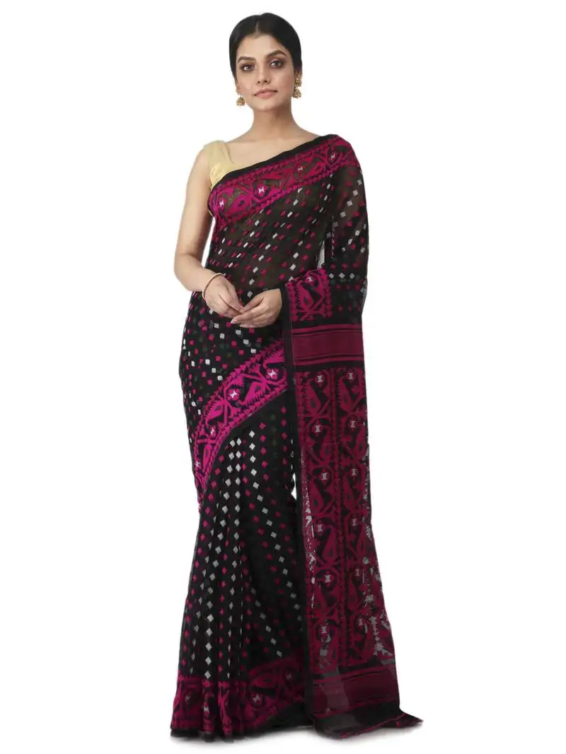 Black hand woven cotton jamdani sarees without blouse