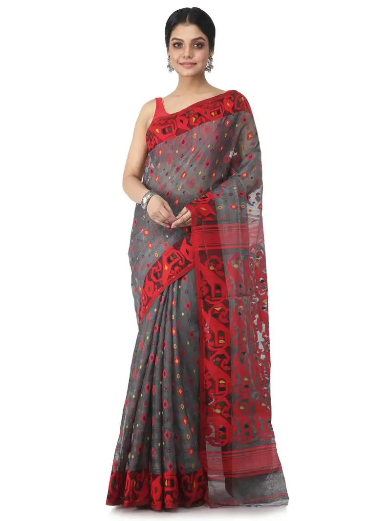 Grey hand woven cotton jamdani sarees without blouse