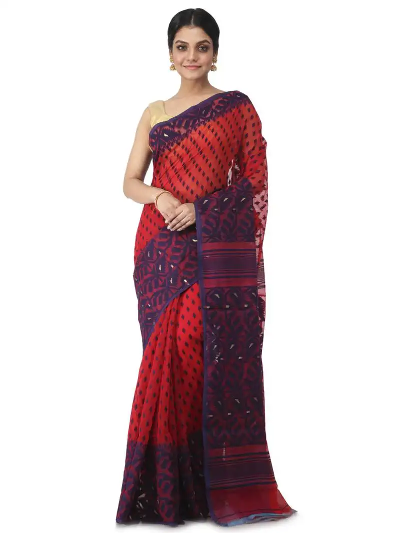 Red hand woven cotton jamdani sarees without blouse