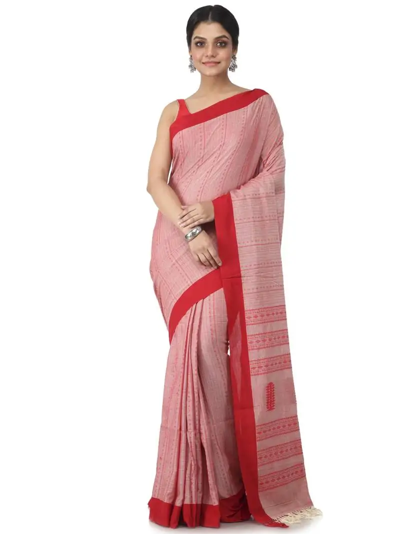 Light red hand woven pure cotton handloom sarees