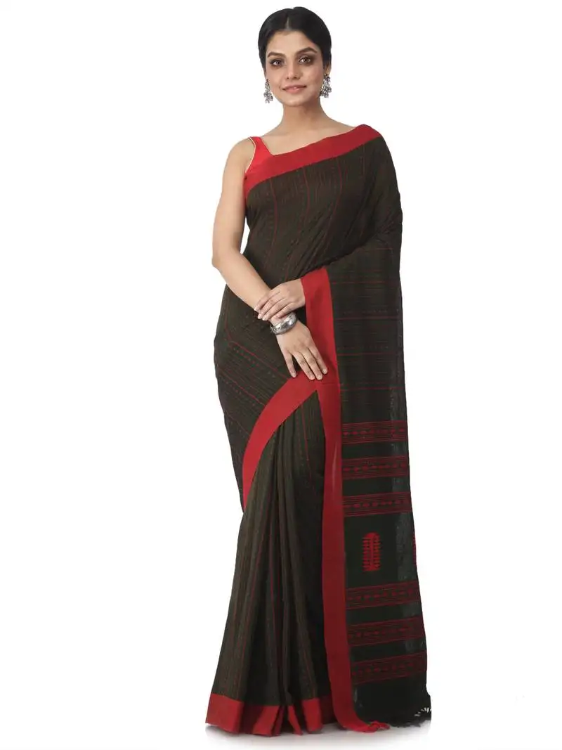 Dark green hand woven pure cotton handloom sarees