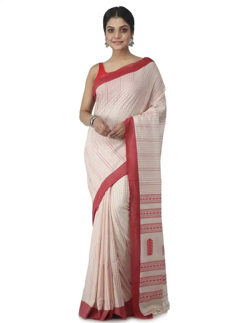 Beige hand woven pure cotton handloom sarees